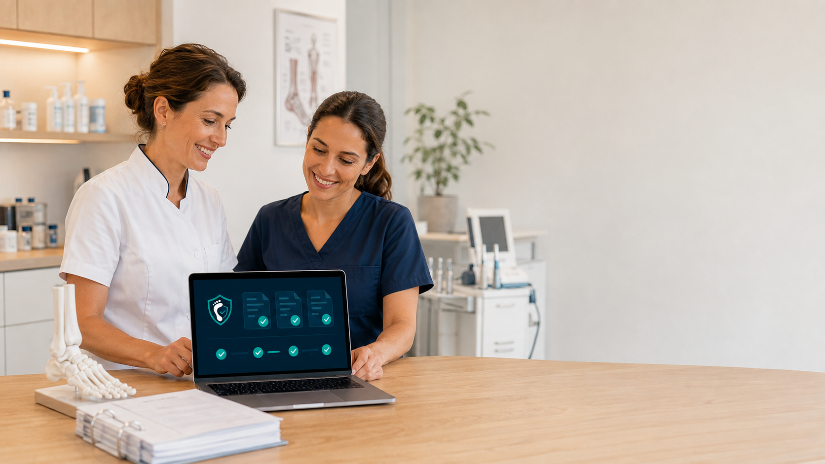 Deux professionnelles de santé consultent ensemble leur suivi de conformité
